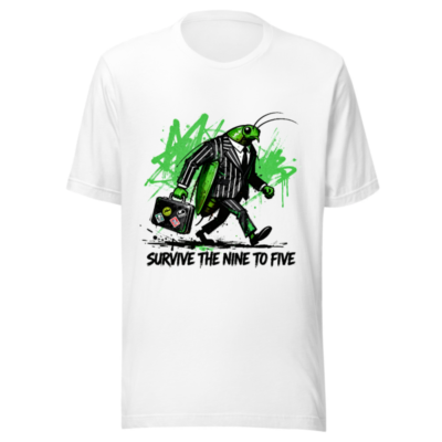 Unisex Staple T-Shirt: Green Grasshopper in Pinstripe Suit Walking with Briefcase | Survive the Nine to Five
