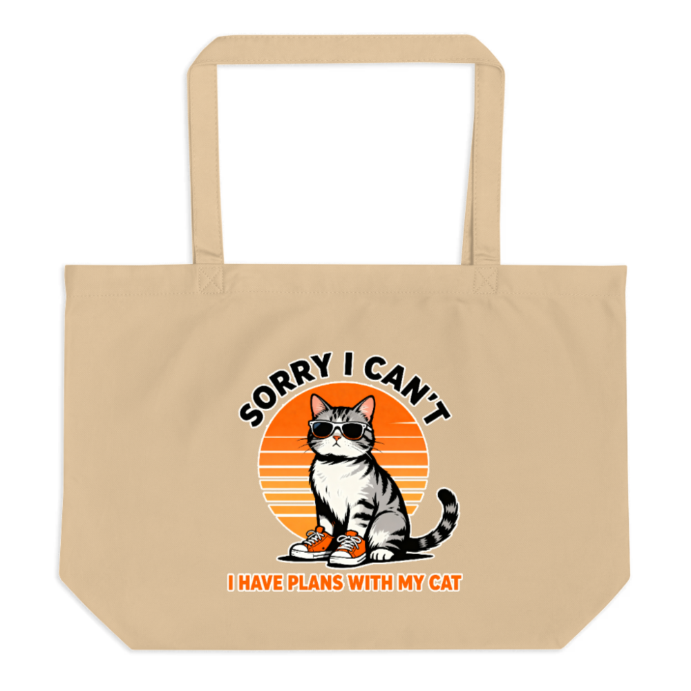 Large Organic Tote Bag - 'Sorry I Can't, I Have Plans With My Cat' Vintage Cat Design