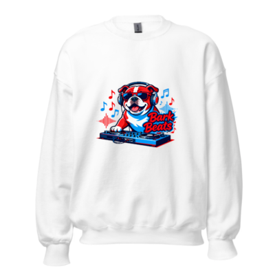 Bark Beats DJ Bulldog Unisex Crew Neck Sweatshirt - Red/Blue/White