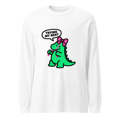 Green Dino with Pink Bow Long Sleeve Tee - Trying My Best, Unisex