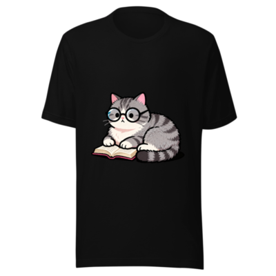Unisex Staple T-Shirt - Cute Gray Tabby Cat Reading Book with Glasses