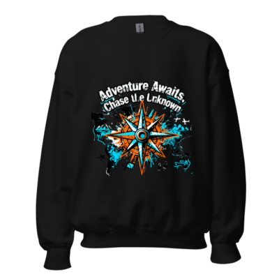 Adventure Awaits Crew Neck Sweatshirt | Unisex Compass Design, Bold Blue & Orange