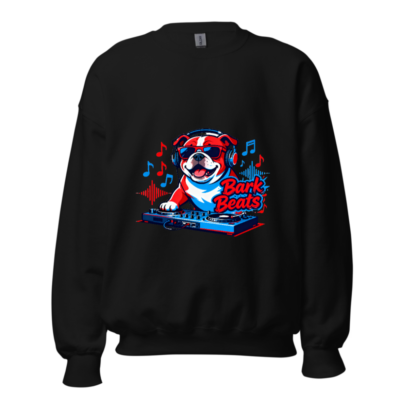 Bark Beats DJ Bulldog Unisex Crew Neck Sweatshirt - Red/Blue Design