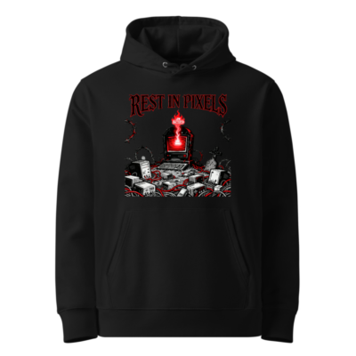 Rest in Pixels Eco Hoodie | Unisex Essential Black Sweatshirt with Digital Graveyard Art