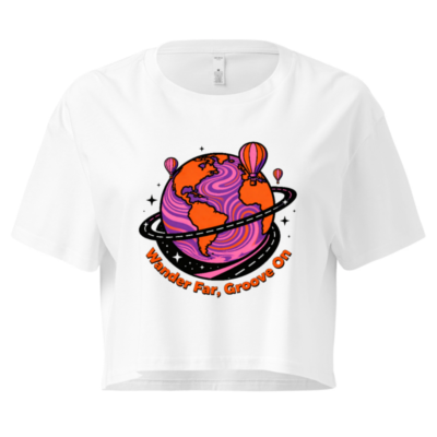 Women's Crop Top - Wander Far, Groove On | Psychedelic Globe & Hot Air Balloons Design