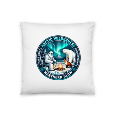 Arctic Wilderness Northern Glow Pillow - 18"x18" Basic Pillow with Polar Bear, Yeti & Fox Campfire Design