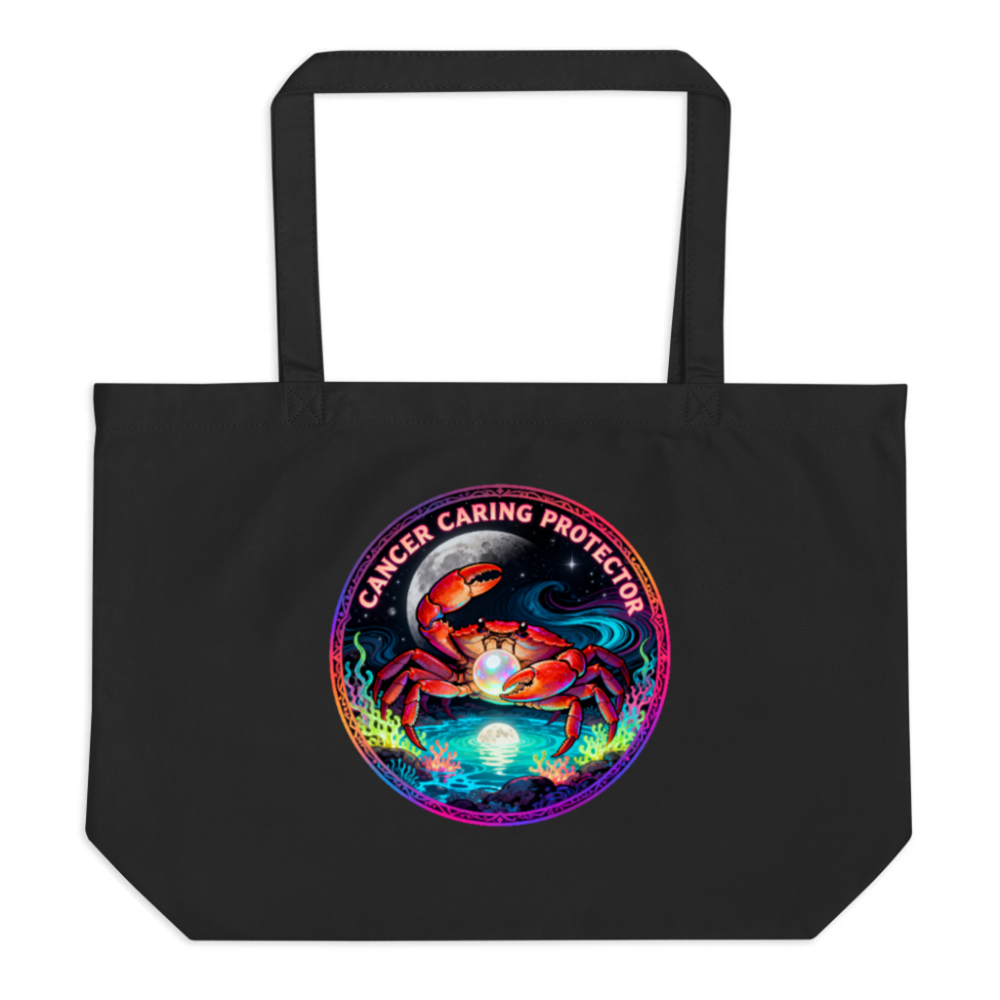Organic Tote Bag - Cancer Caring Protector Crab Design, Large Black Eco-Friendly Bag
