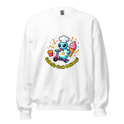 Galactic Grub Delivery! Unisex Crew Neck Sweatshirt - Cute Alien Chef on Scooter