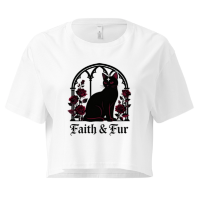 Women's Crop Top with Black Cat & Roses Gothic Design | Faith & Fur