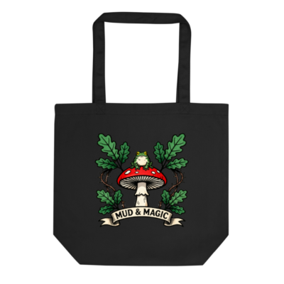 Eco Black Tote Bag | Mud & Magic Frog on Red Mushroom Design