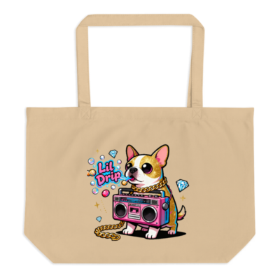 Organic Tote Bag with Lil Drip French Bulldog Boombox Design | Eco-Friendly Large Tote