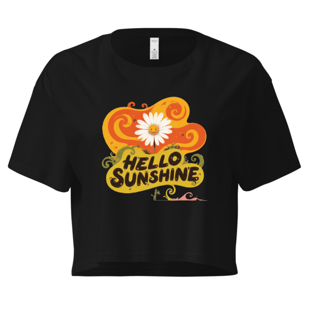 Women's Crop Top - Hello Sunshine Daisy Graphic Tee, Short Sleeve, Black