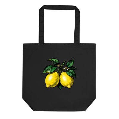 Eco Black Tote Bag with Lemon Branch Illustration | Sustainable Cotton Tote