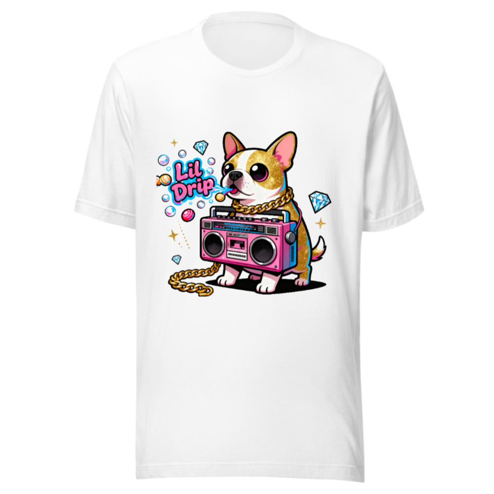 Unisex Staple T-Shirt - Lil Drip Dog with Boombox & Gold Chain Graphic