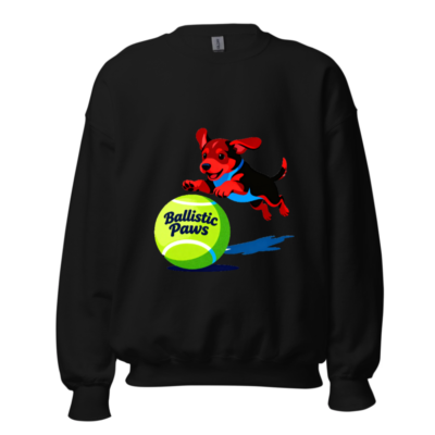 Ballistic Paws Unisex Crew Neck Sweatshirt | Black Dog & Tennis Ball Design