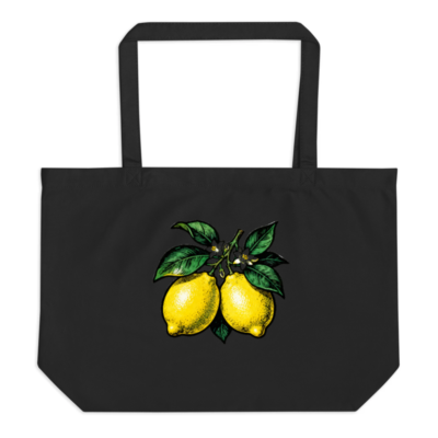 Large Black Organic Tote Bag with Lemon Branch Design | Eco-Friendly Cotton