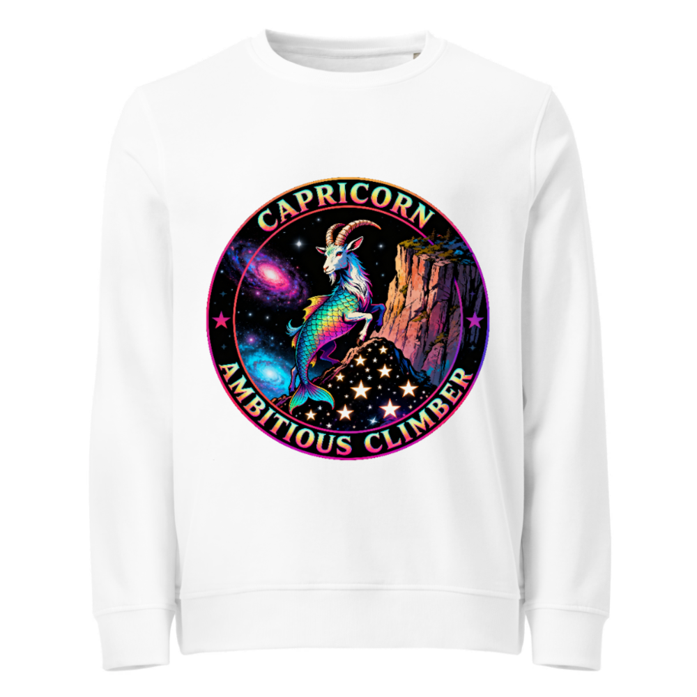 Capricorn Ambitious Climber Unisex Organic Sweatshirt - Rainbow Goat Cosmic Design