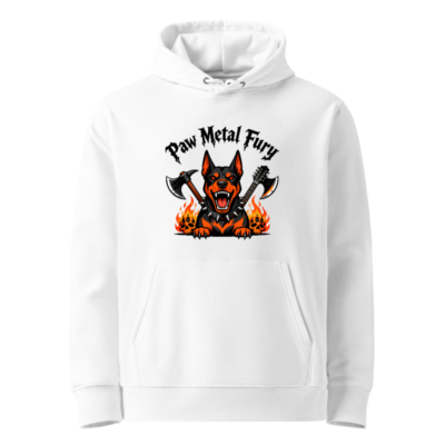 Paw Metal Fury Unisex Eco Hoodie - Black & Orange Doberman, Axes & Flames Design