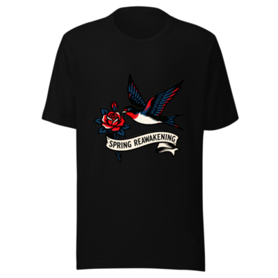 Spring Reawakening T-Shirt - Unisex Staple Tee with Bird & Rose Tattoo Design