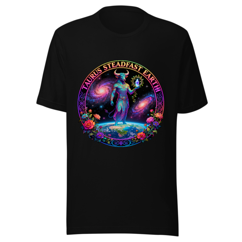 Taurus Steadfast Earth Unisex T-Shirt | Cosmic Bull on Globe with Floral Circle