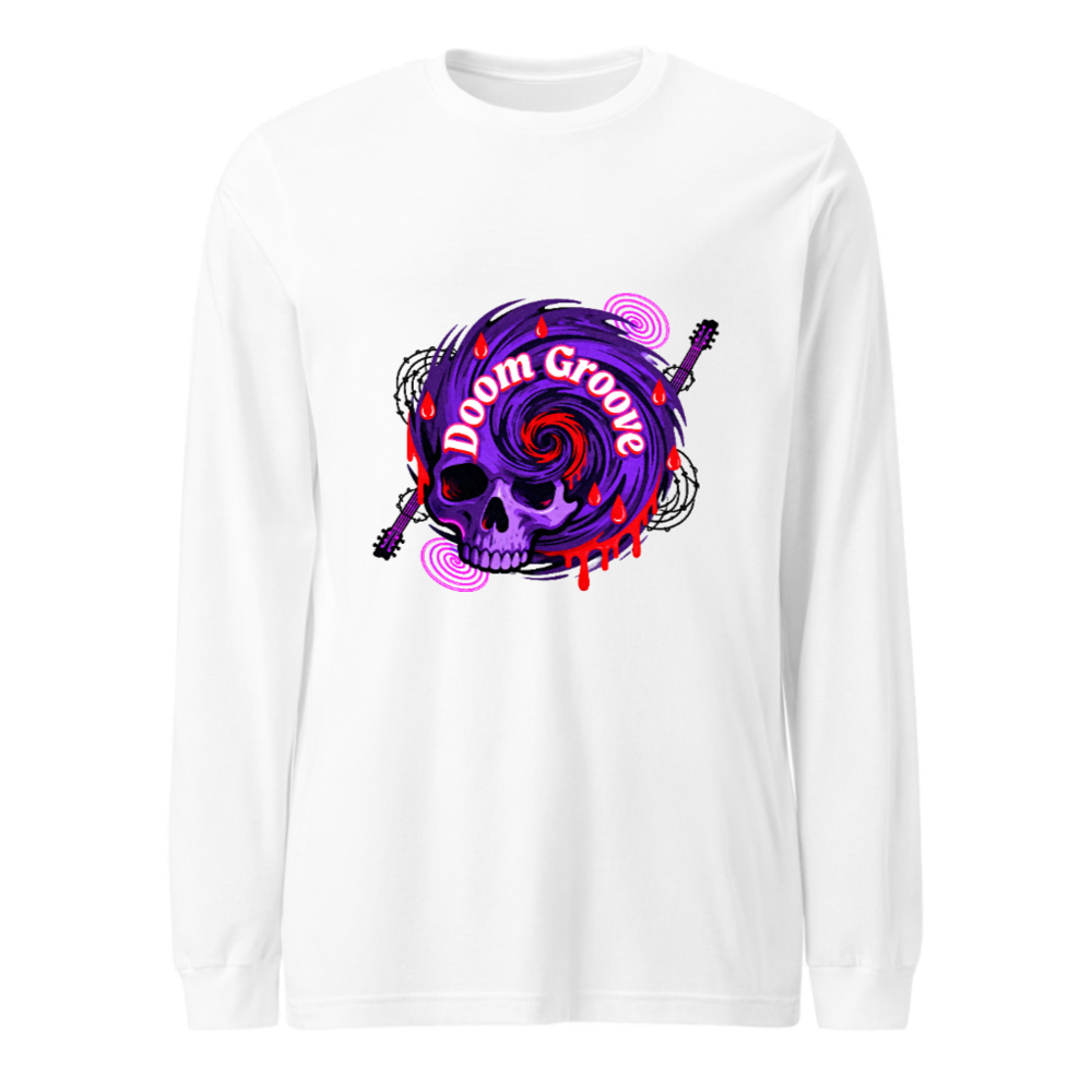 Doom Groove Skull Long Sleeve Tee - Unisex Purple Guitar Skull Design