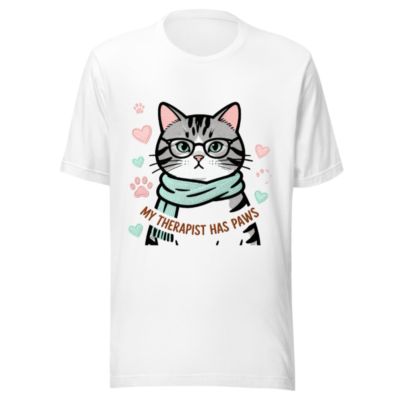 Unisex T-Shirt: My Therapist Has Paws Cat with Glasses & Scarf - Soft Staple Tee