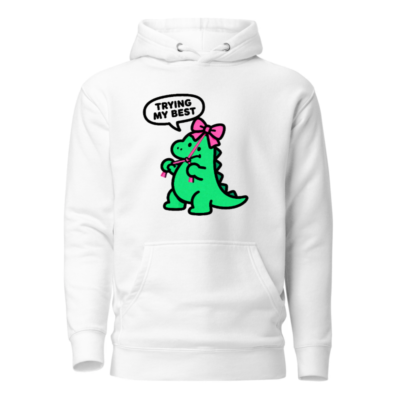 Unisex Premium Pullover Hoodie - Green Dino with Pink Bow, 'Trying My Best' Speech Bubble