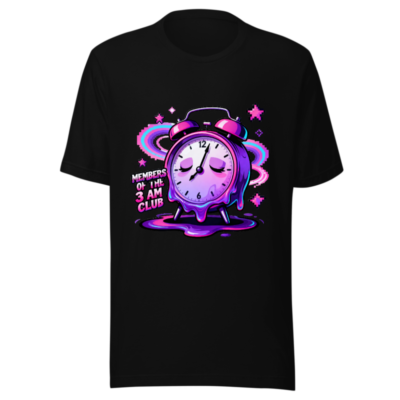 Unisex Staple T-Shirt - Members of the 3 AM Club Alarm Clock Design, Purple Glitch Art
