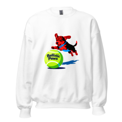 Ballistic Paws Unisex Crew Neck Sweatshirt - Fun Dog & Tennis Ball Graphic