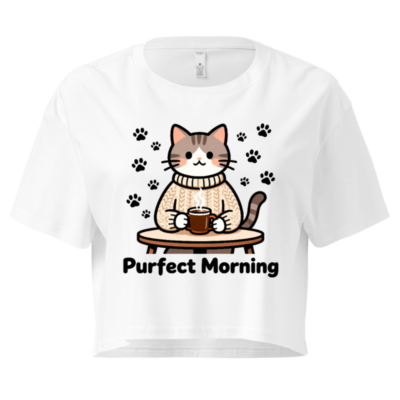 Women's Crop Top - Cute Cat in Sweater Holding Mug, 'Purfect Morning' - Soft & Stylish