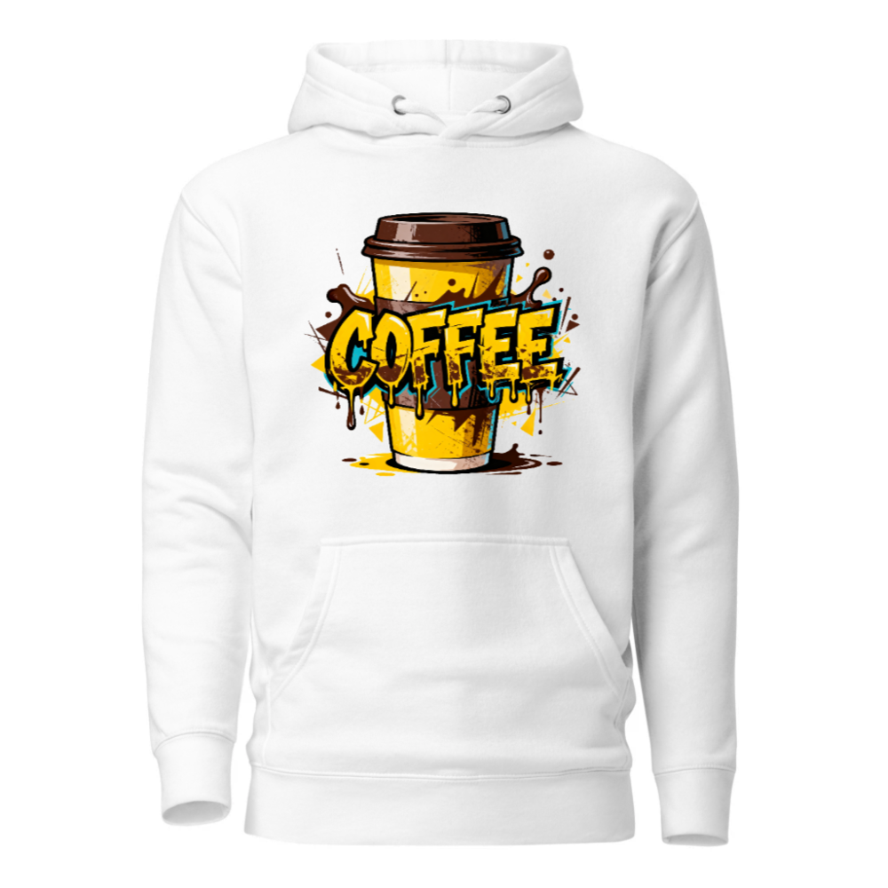Premium Unisex Coffee Hoodie - White Pullover Sweatshirt with Bold Graphic Design
