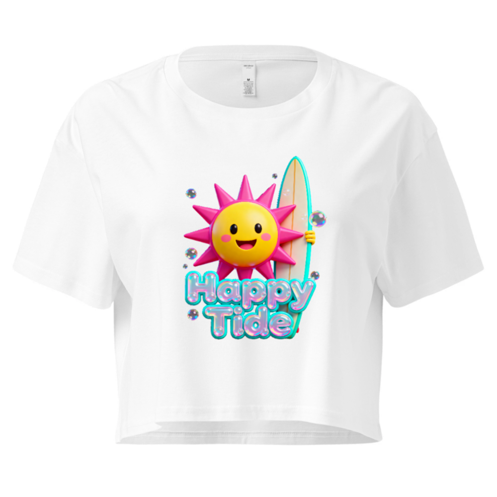 Women's Crop Top - Happy Tide Sun Surf Graphic Tee, Short Sleeve Casual Shirt