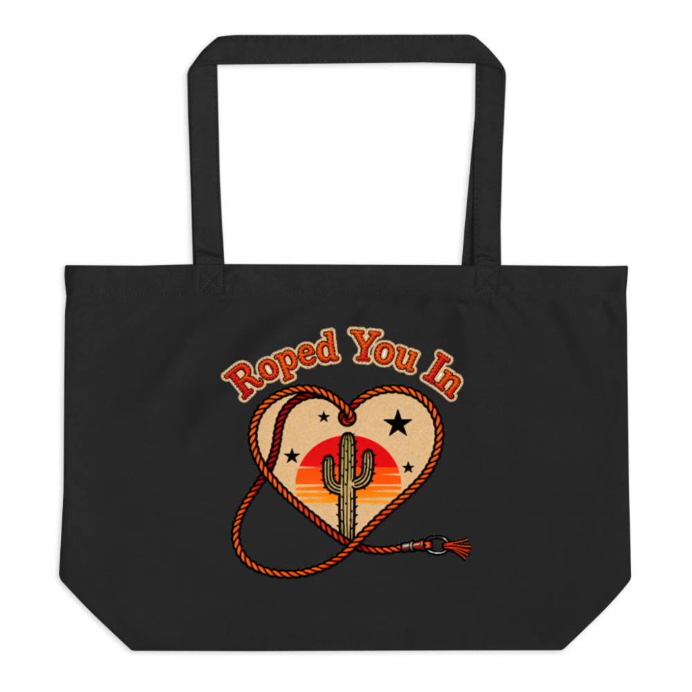 Roped You In: Black Organic Tote Bag with Cactus Heart Design