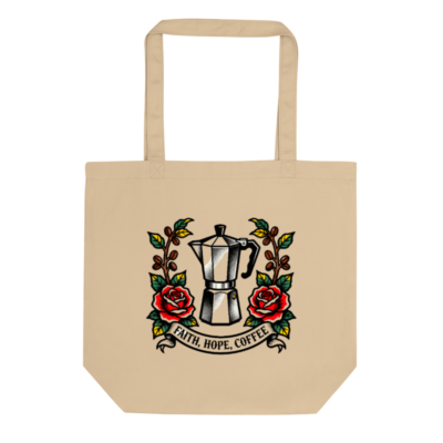 Eco Oyster Tote Bag | Faith, Hope, Coffee Moka Pot Design - Reusable & Sustainable