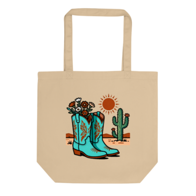 Eco Oyster Tote Bag | Sustainable Cotton Tote with Cowboy Boots & Cactus Design