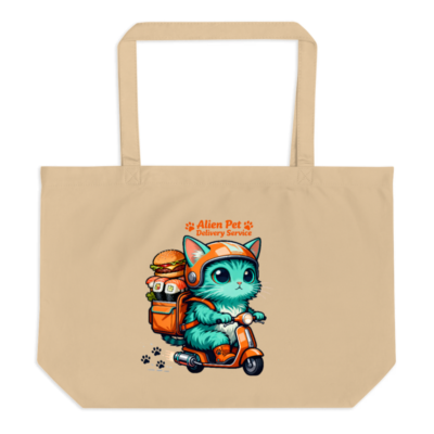 Organic Tote Bag with Alien Pet Delivery Cat Scooter Design | Eco-Friendly Large Canvas Bag