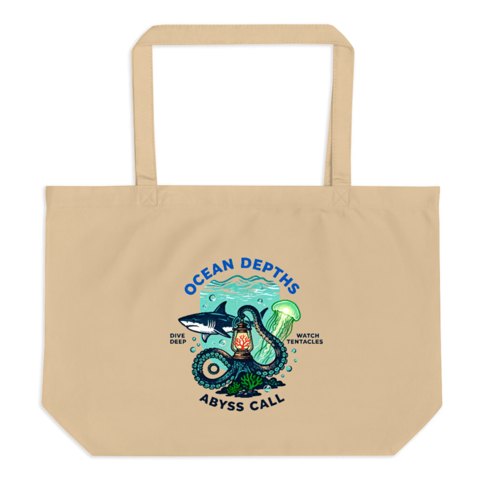 Ocean Depths Tote Bag | Large Organic Cotton Tote with Shark & Octopus Design