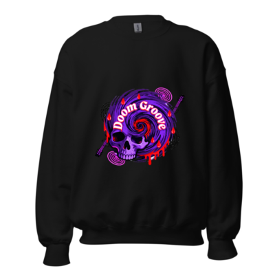 Doom Groove Skull Sweatshirt | Unisex Crew Neck, Purple Spiral Design