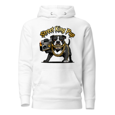 Street King Pup Unisex Premium Pullover Hoodie - Bold Bulldog with Gold Chain & Boombox Design