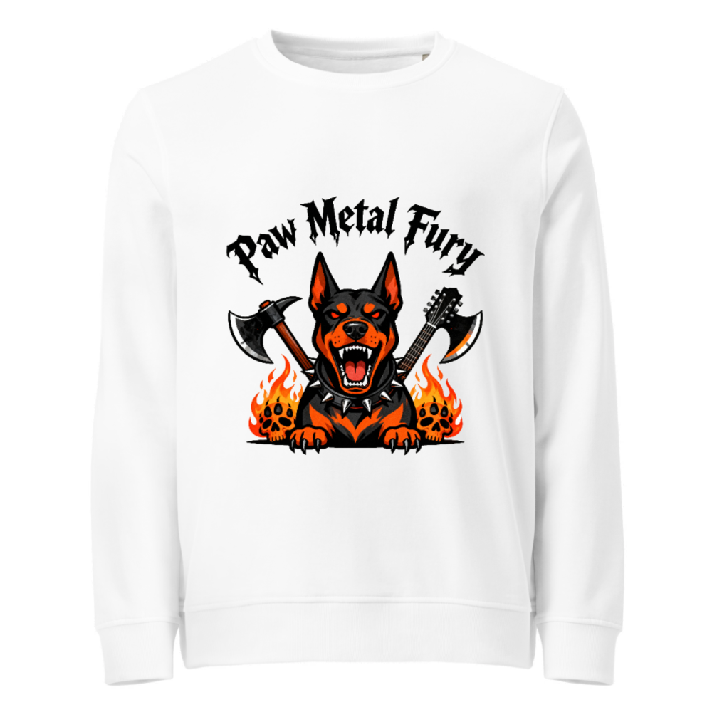 Paw Metal Fury Unisex Organic Sweatshirt - Black & Orange Doberman with Axes, Flames & Skulls
