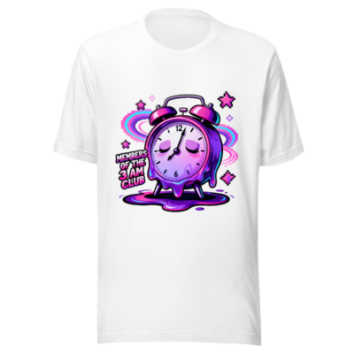 Unisex Staple T-Shirt - Members of the 3 AM Club Alarm Clock Design, Purple Glitch Art