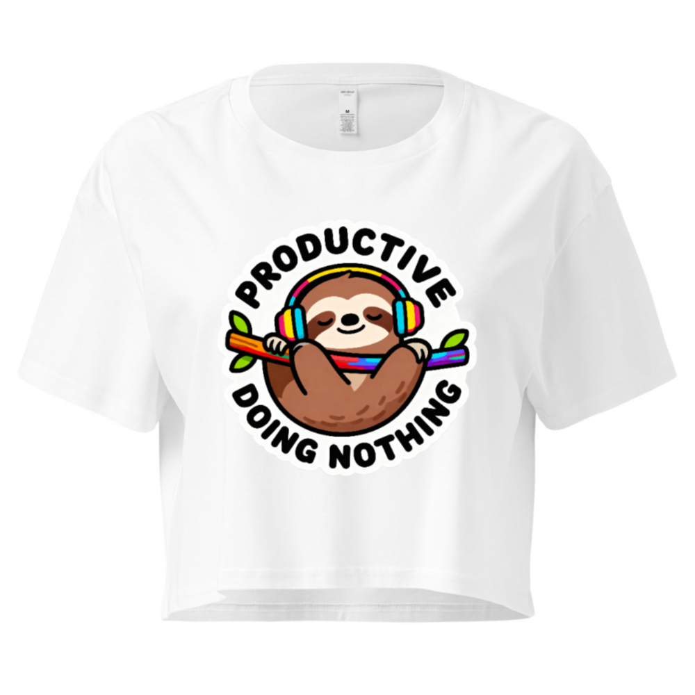 Women's Crop Top - Sloth with Headphones, 'Productive Doing Nothing' Funny Tee
