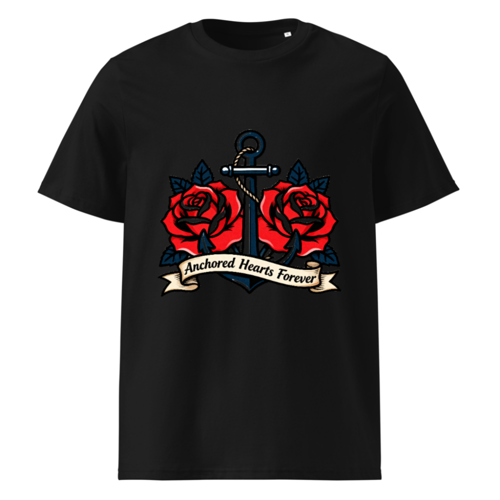 Unisex Organic Cotton T-Shirt - Anchored Hearts Forever Anchor & Rose Tattoo Design