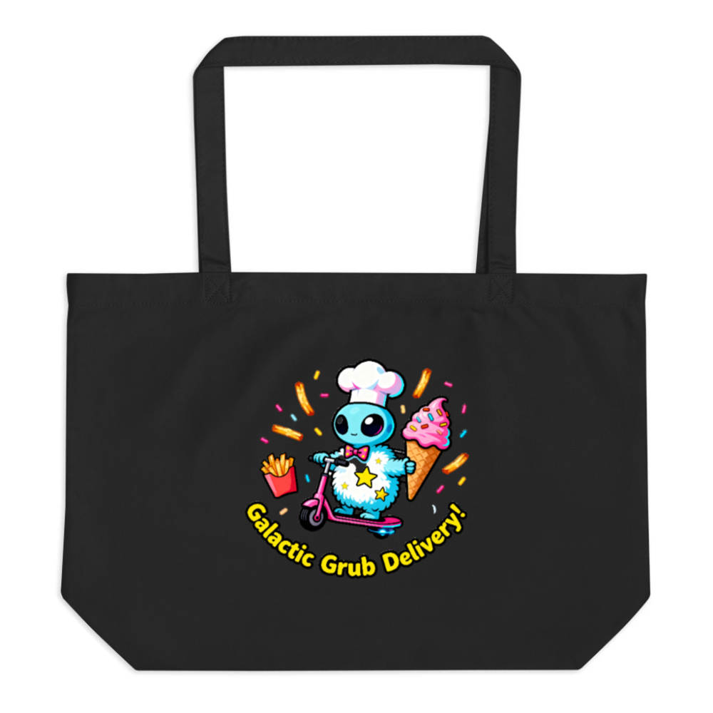 Organic Tote Bag | Large Black Eco-Friendly Grocery Tote with Galactic Grub Delivery Design