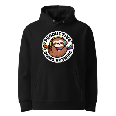 Unisex Eco Hoodie - Sloth Wearing Rainbow Headphones, 'Productively Doing Nothing' Funny Sweatshirt