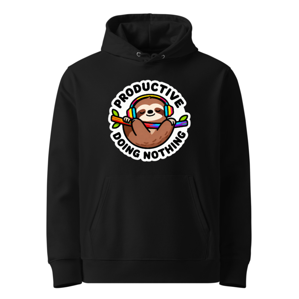 Unisex Eco Hoodie - Sloth Wearing Rainbow Headphones, 'Productively Doing Nothing' Funny Sweatshirt