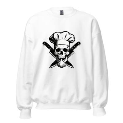 Chef Skull & Knives Sweatshirt | Unisex Crew Neck, Garlic Accent, Black & White Graphic