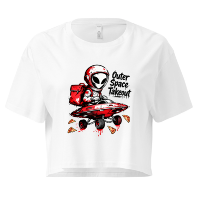 Outer Space Takeout Women's Crop Top - Alien Pizza Delivery Astronaut Tee