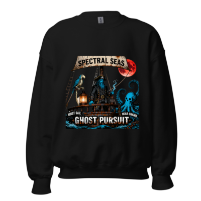 Spectral Seas Ghost Pursuit Unisex Crew Neck Sweatshirt - Blue Pirate, Skull Octopus & Red Moon