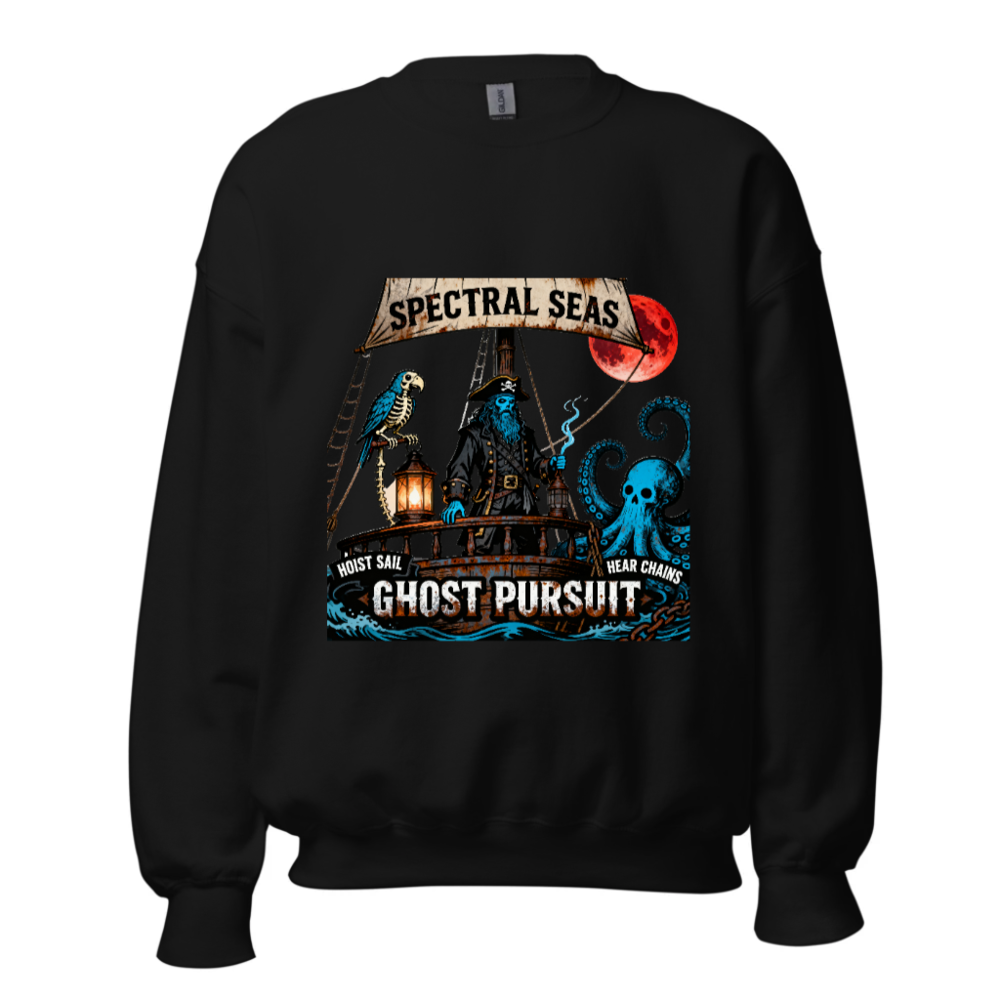 Spectral Seas Ghost Pursuit Unisex Crew Neck Sweatshirt - Blue Pirate, Skull Octopus & Red Moon